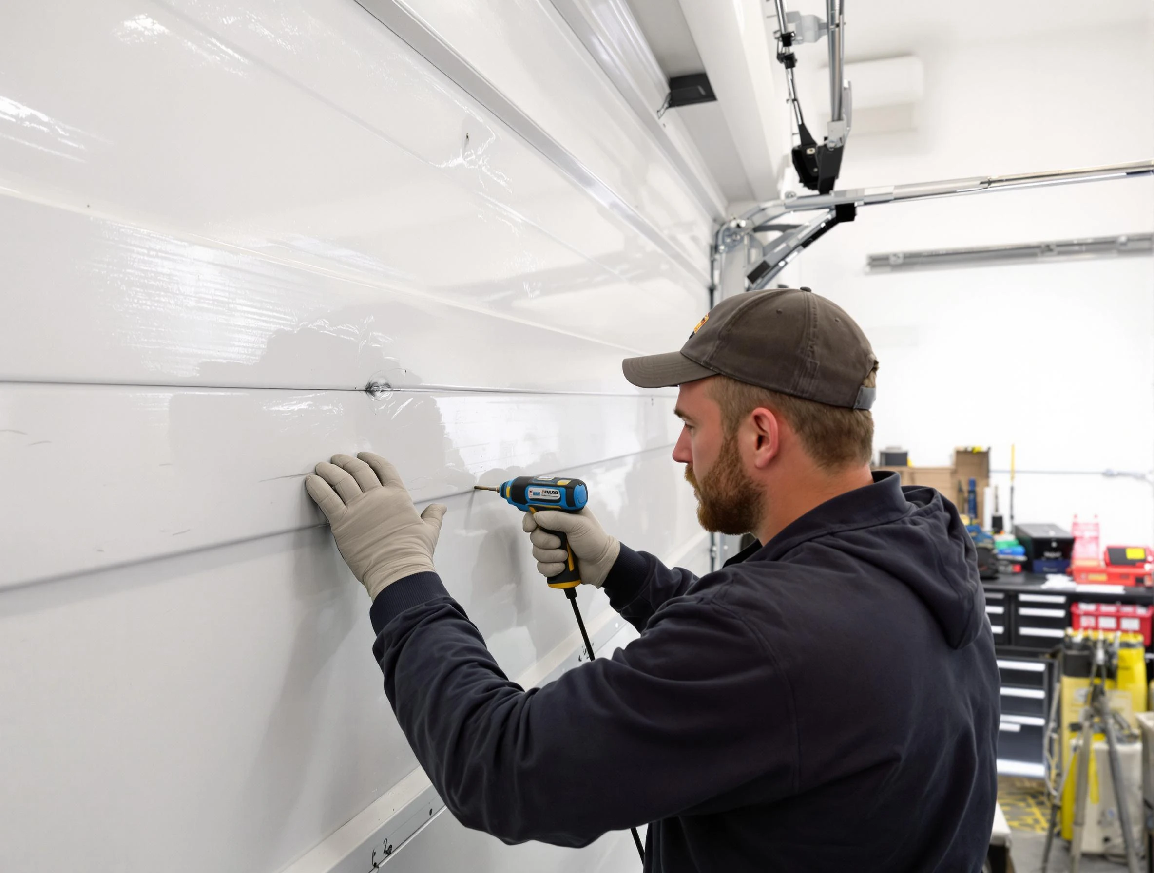 North Druid Hills Garage Door Repair technician demonstrating precision dent removal techniques on a North Druid Hills garage door